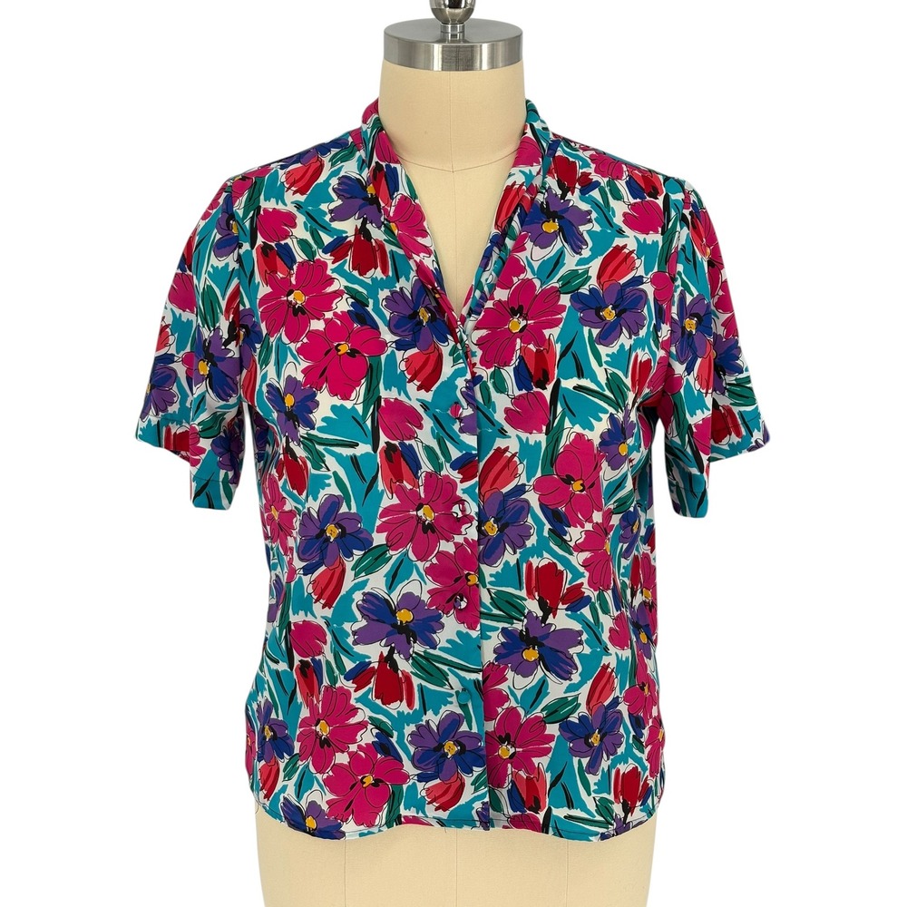 Sellecca Vintage Floral Button Up Blouse Teal Pink Purple Short Sleeve Size 16